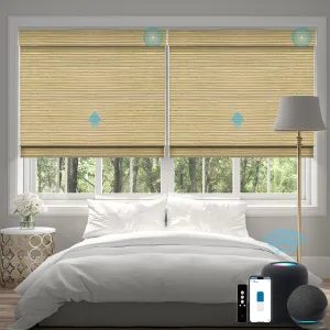 SmartWings Motorized Natural Woven Wood Blinds for Windows, Electric Auto Roman Shades with Remote for Sliding Doors, Compatitable with Alexa/Homekit/Google Home, Customized, Jute Bamboo-019