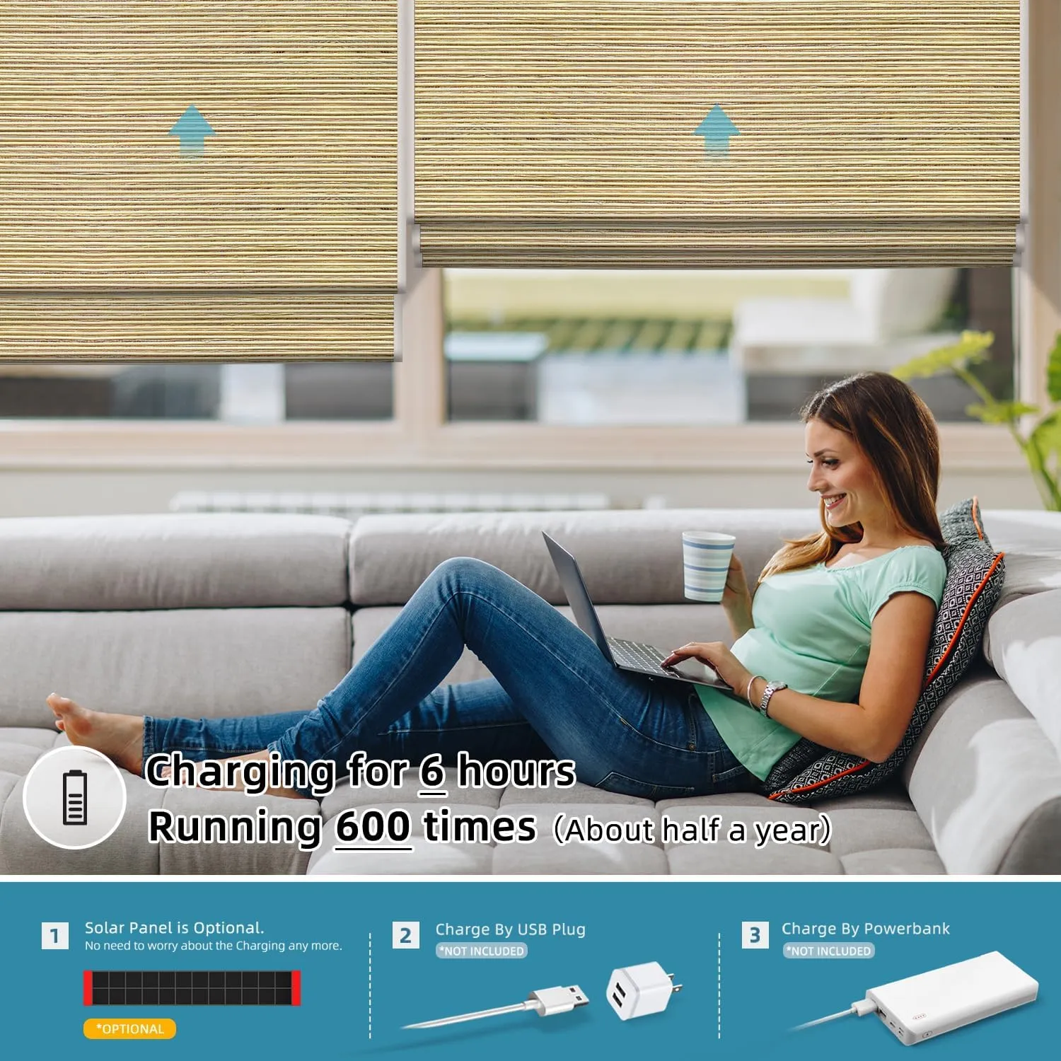 SmartWings Motorized Natural Woven Wood Blinds for Windows, Electric Auto Roman Shades with Remote for Sliding Doors, Compatitable with Alexa/Homekit/Google Home, Customized, Jute Bamboo-019