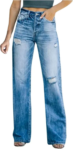 SMIDOW Women Straight Leg Ripped Jeans Bootcut Jeans Denim Pants Floor Length Fashion Teen Girls Jeans Bottoms Relaxed Fit