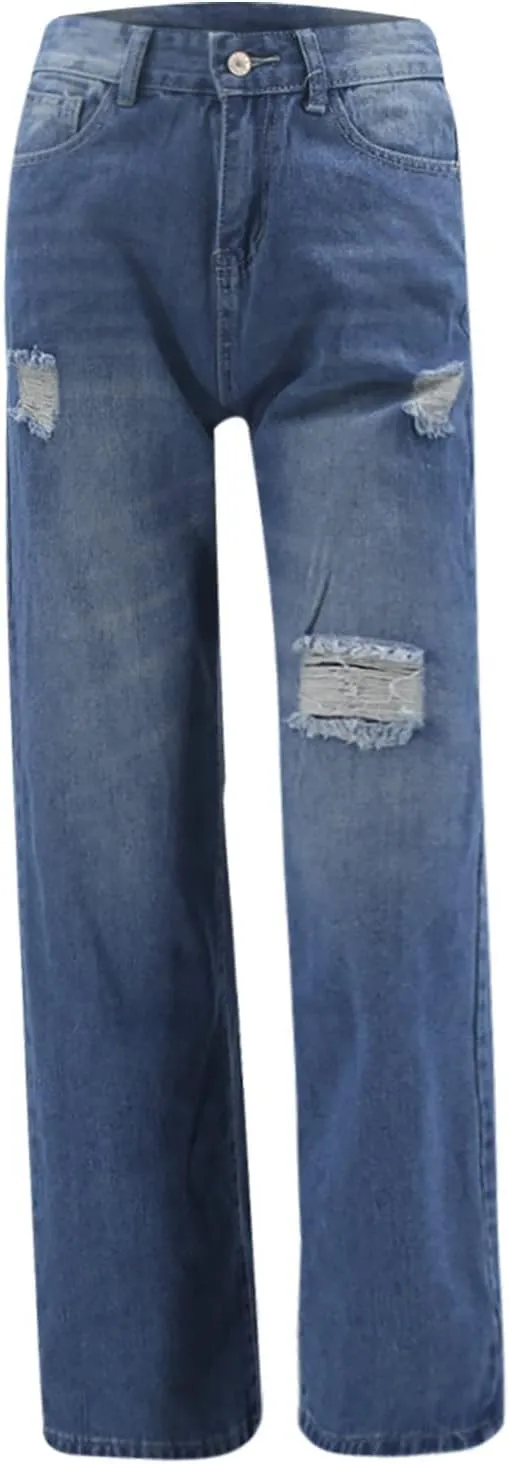 SMIDOW Women Straight Leg Ripped Jeans Bootcut Jeans Denim Pants Floor Length Fashion Teen Girls Jeans Bottoms Relaxed Fit