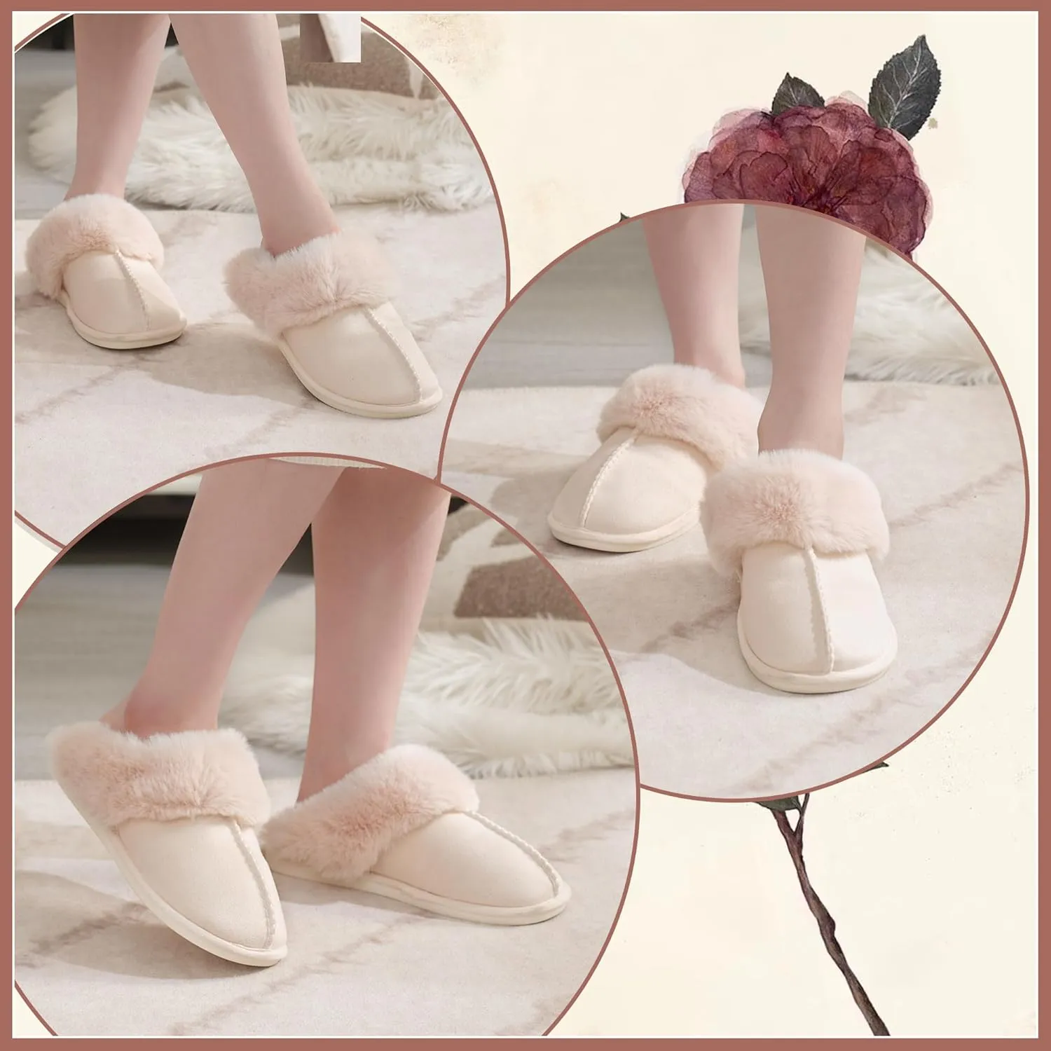 SNOWDROP Women's Memory Foam Slippers - Non-Slip Soft Warm Cozy Fluffy Fuzzy Faux Fur - Indoor Outdoor House Footwear