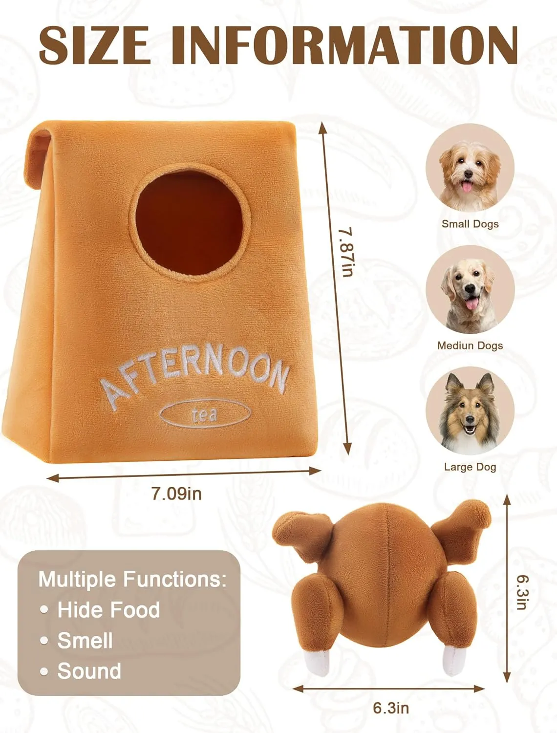 Squeaky Plush Dog Toys Turkey Dog Toy with a Bag Hide and Seek Dog Toy Stuffed Dog Chew Toys Interactive Pet Toys for Puppy Small Medium Dogs