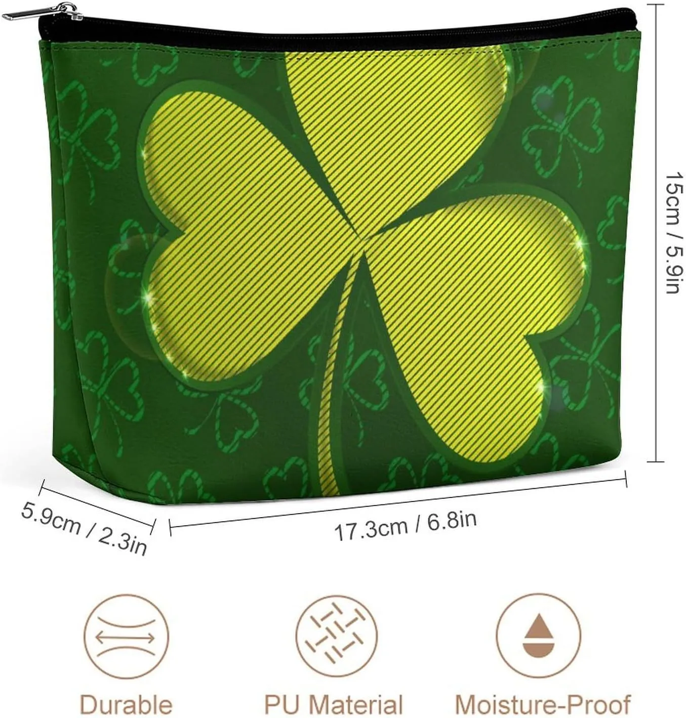 St Patrick's Day Makeup Bag,Personalized Cosmetic Bags for Women, Trefoil Makeup Pouch,PU Leather Waterproof Makeup Bag Organizer,Birthday Gift For mother
