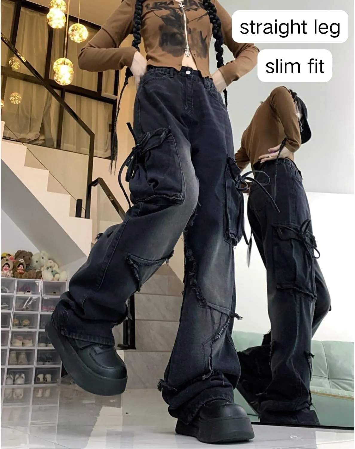 Star Jeans for Women Girls Baggy Cute Patchwork Denim Pants Y2k High Waisted Jeans Grunge Aesthetic Clothes