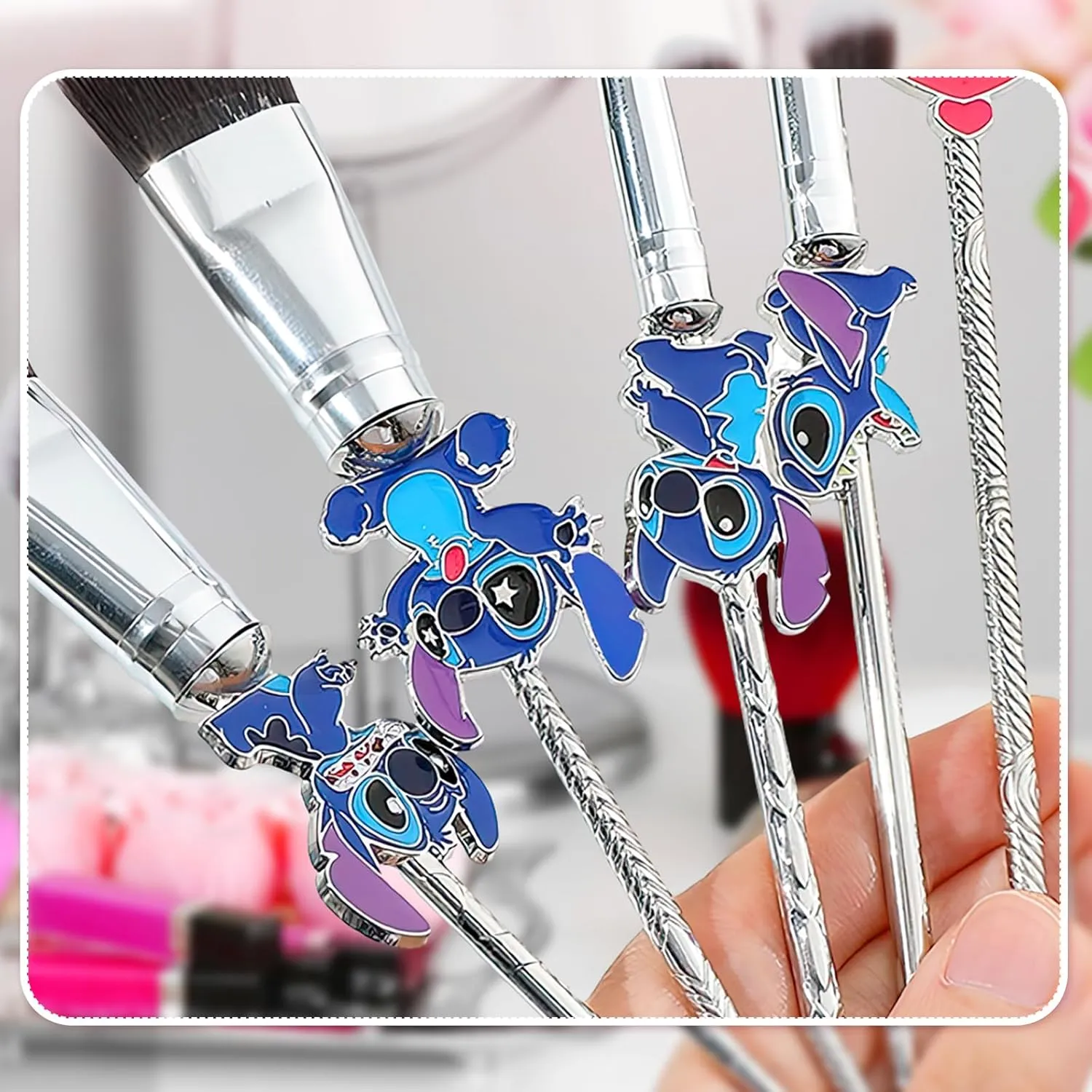 Stitch Travel Makeup Bag Large Capacity Cosmetic Bags Cartoon PU Small Skin Care Bags for Girls Women Mirror Makeup Brush