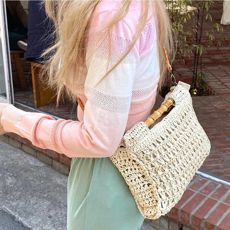 Straw Tote Bag Handmade Shoulder Handbag for Women Handwoven Hobo Bag Purse Bamboo Handle Handbag Straw Crossbody Purse