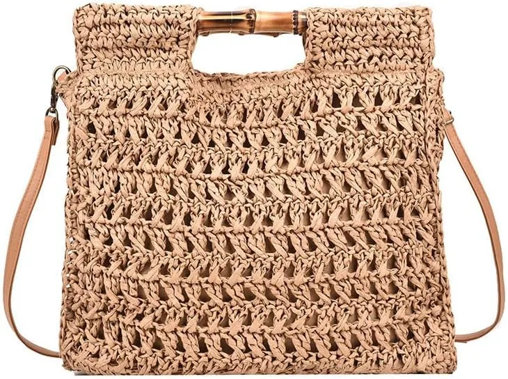Straw Tote Bag Handmade Shoulder Handbag for Women Handwoven Hobo Bag Purse Bamboo Handle Handbag Straw Crossbody Purse