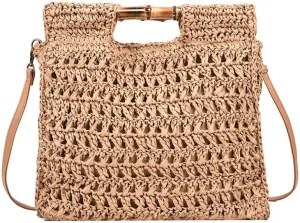 Straw Tote Bag Handmade Shoulder Handbag for Women Handwoven Hobo Bag Purse Bamboo Handle Handbag Straw Crossbody Purse