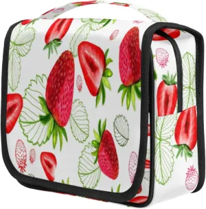 Strawberry Leaves Travel Toiletry Bag for Women Portable Waterproof Travel Makeup Bag with Hanging Hook Makeup Cosmetic Organizer for Travel Business Trip Camping Bathroom