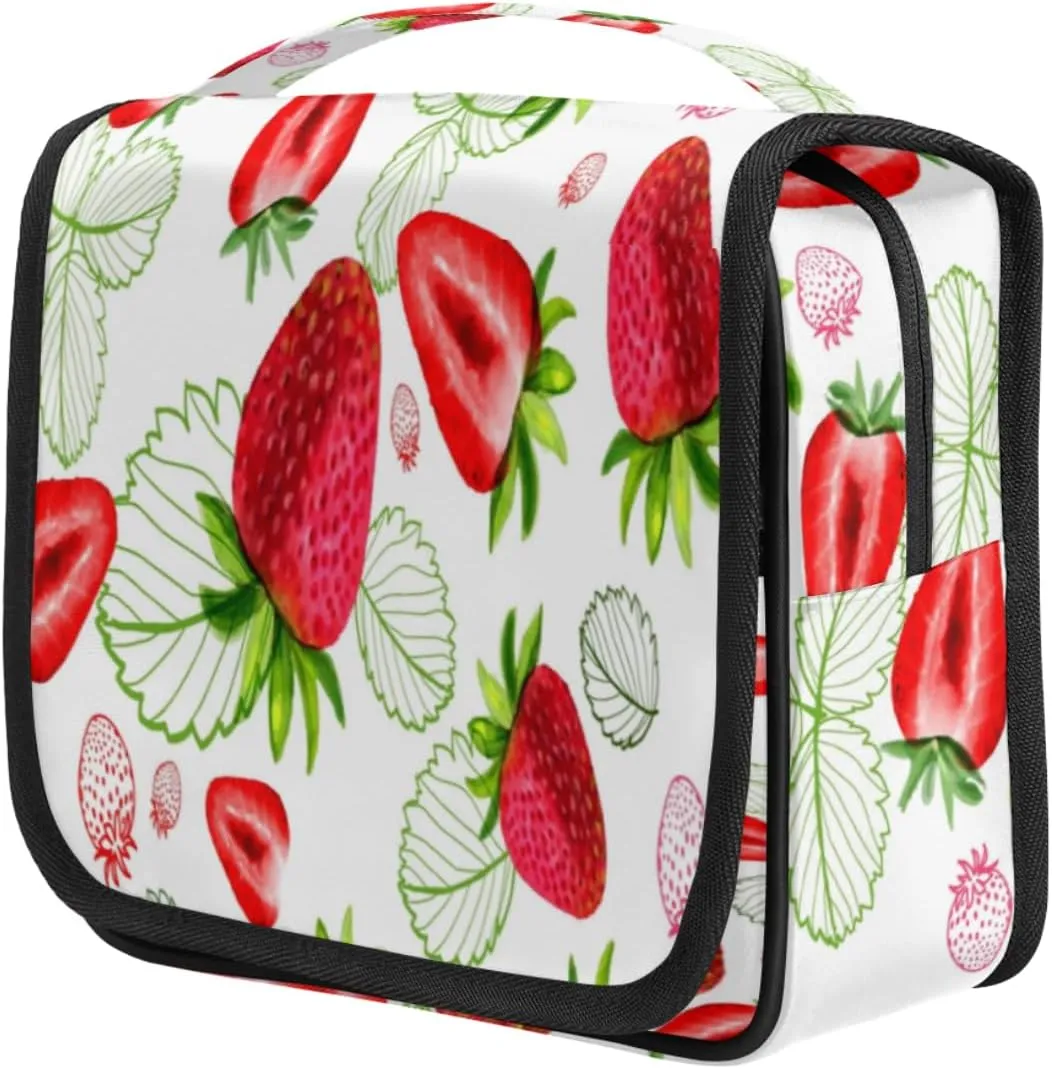 Strawberry Leaves Travel Toiletry Bag for Women Portable Waterproof Travel Makeup Bag with Hanging Hook Makeup Cosmetic Organizer for Travel Business Trip Camping Bathroom