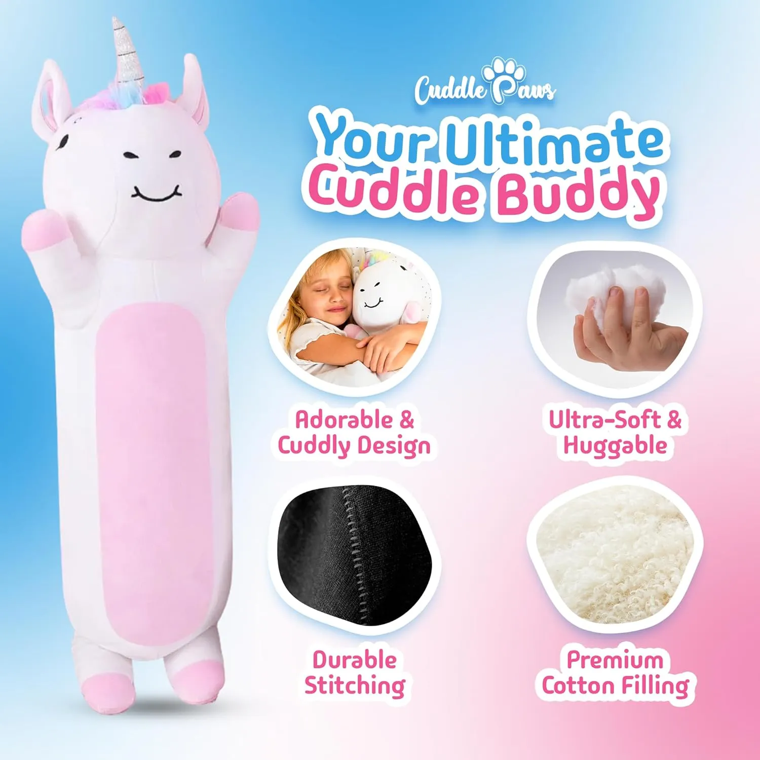 Stuffed Animal Unicorn Body Pillow – Soft Plush Toy & Throw Pillow for Kids, Small (23 Inches) Soft Plushies Stuff Gift for Boys and Girls