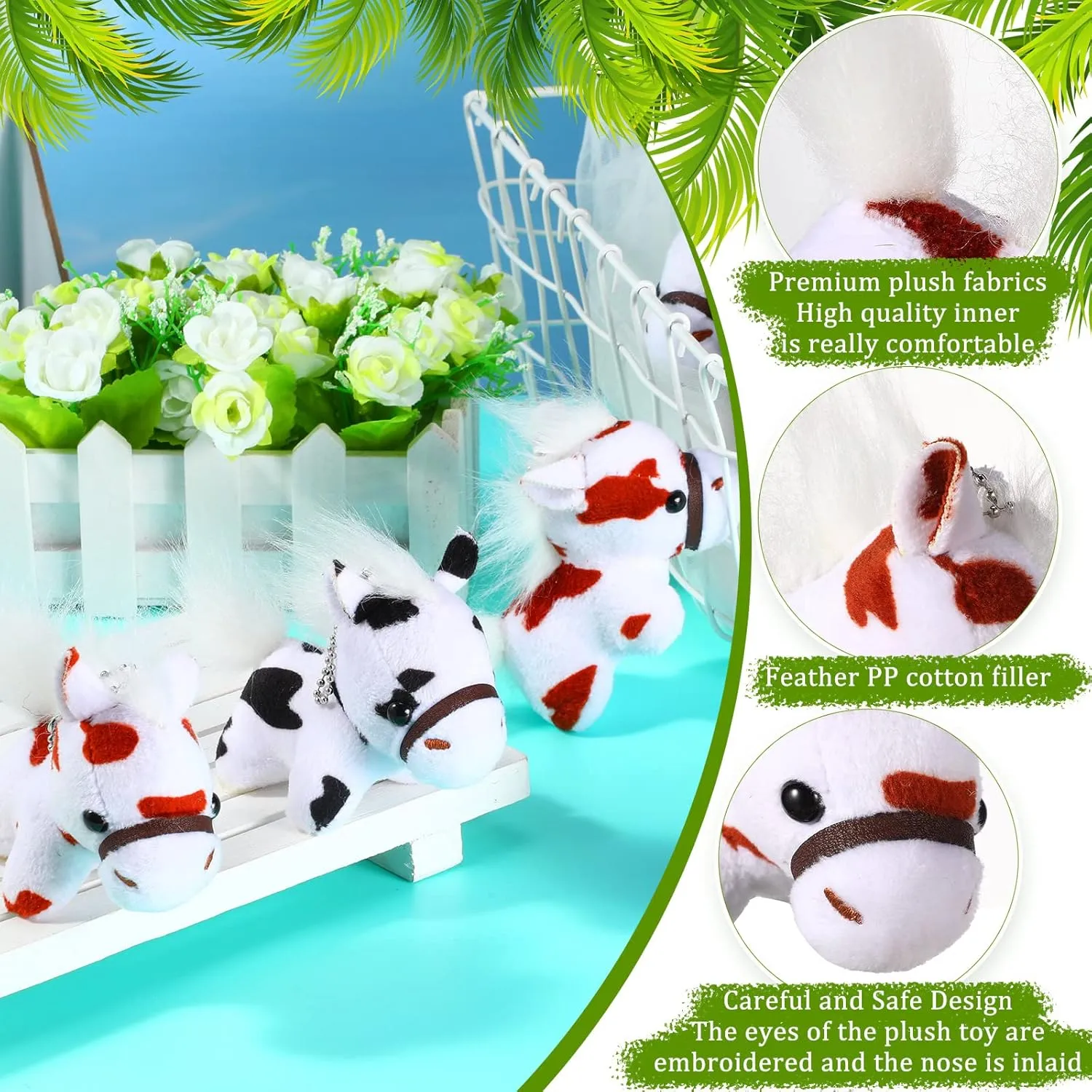 Stuffed Spotted Horse, 12 Pcs Assorted Toy Plushies, 3.2 Inch Mini Plush Animals Keychain Animal Party Favors with Detachable Chain for Christmas Farm Themed Birthday Party Supplies Classroom Awards