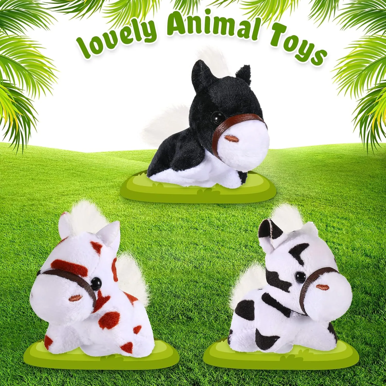 Stuffed Spotted Horse, 12 Pcs Assorted Toy Plushies, 3.2 Inch Mini Plush Animals Keychain Animal Party Favors with Detachable Chain for Christmas Farm Themed Birthday Party Supplies Classroom Awards