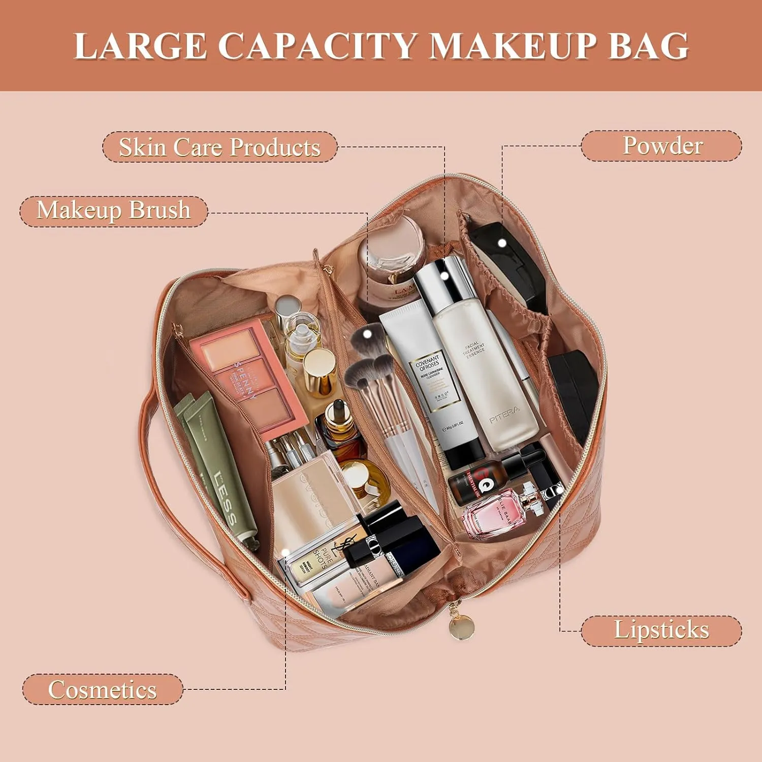 STYLIFING Travel Cosmetic Bag Large Capacity Makeup Bag for Women Portable Makeup Organizer Waterproof Leather Make Up Bag with Compartments and Handle (Brown)