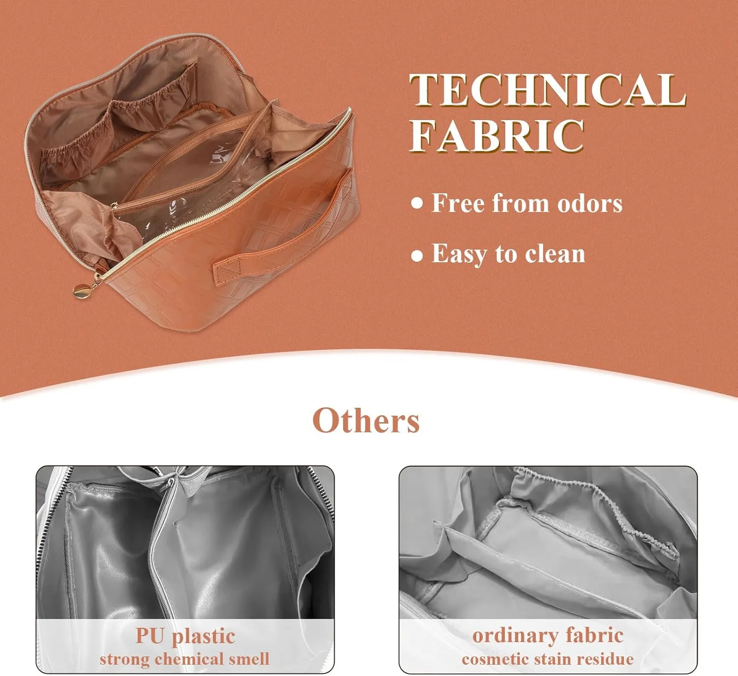 STYLIFING Travel Cosmetic Bag Large Capacity Makeup Bag for Women Portable Makeup Organizer Waterproof Leather Make Up Bag with Compartments and Handle (Brown)
