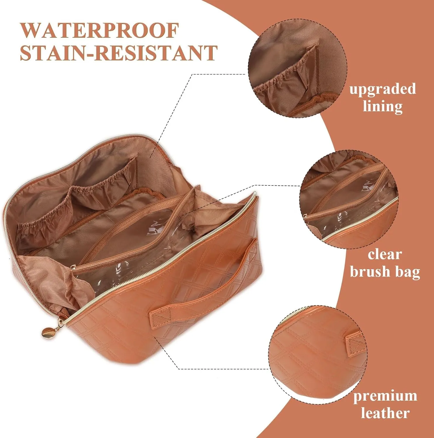 STYLIFING Travel Cosmetic Bag Large Capacity Makeup Bag for Women Portable Makeup Organizer Waterproof Leather Make Up Bag with Compartments and Handle (Brown)
