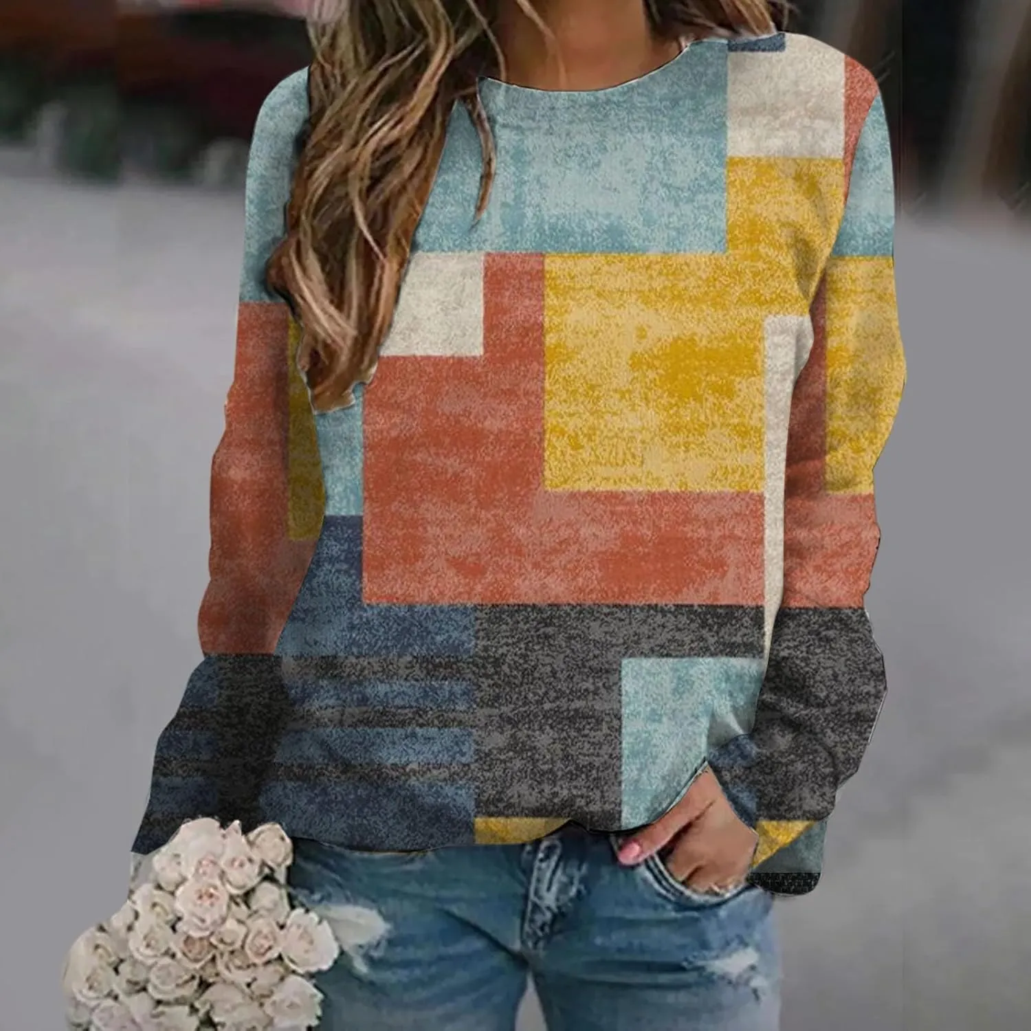 Stylish Patchwork Sweatshirt for Women Standard Fit Long Sleeve Crew Neck Pullover Striped Block Color Lightweight Blouse Top