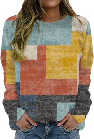 Stylish Patchwork Sweatshirt for Women Standard Fit Long Sleeve Crew Neck Pullover Striped Block Color Lightweight Blouse Top