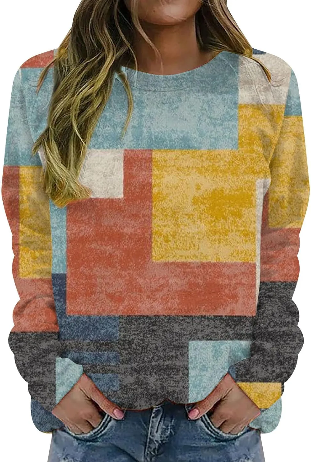Stylish Patchwork Sweatshirt for Women Standard Fit Long Sleeve Crew Neck Pullover Striped Block Color Lightweight Blouse Top