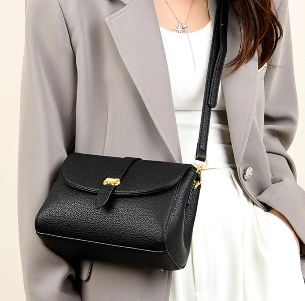 Stylish Small Crossbody Bag for Women - Leather Flap Purse & Handbag - Fashionable Shoulder Bag in Black