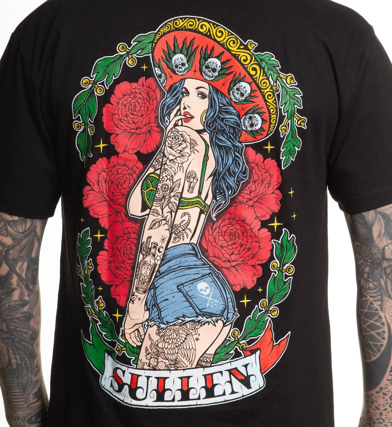 Sullen Men's Sombrero Chica Cinco De Mayo Capsule Tattoo Lifestyle Graphic Standard Short Sleeve Tee Black