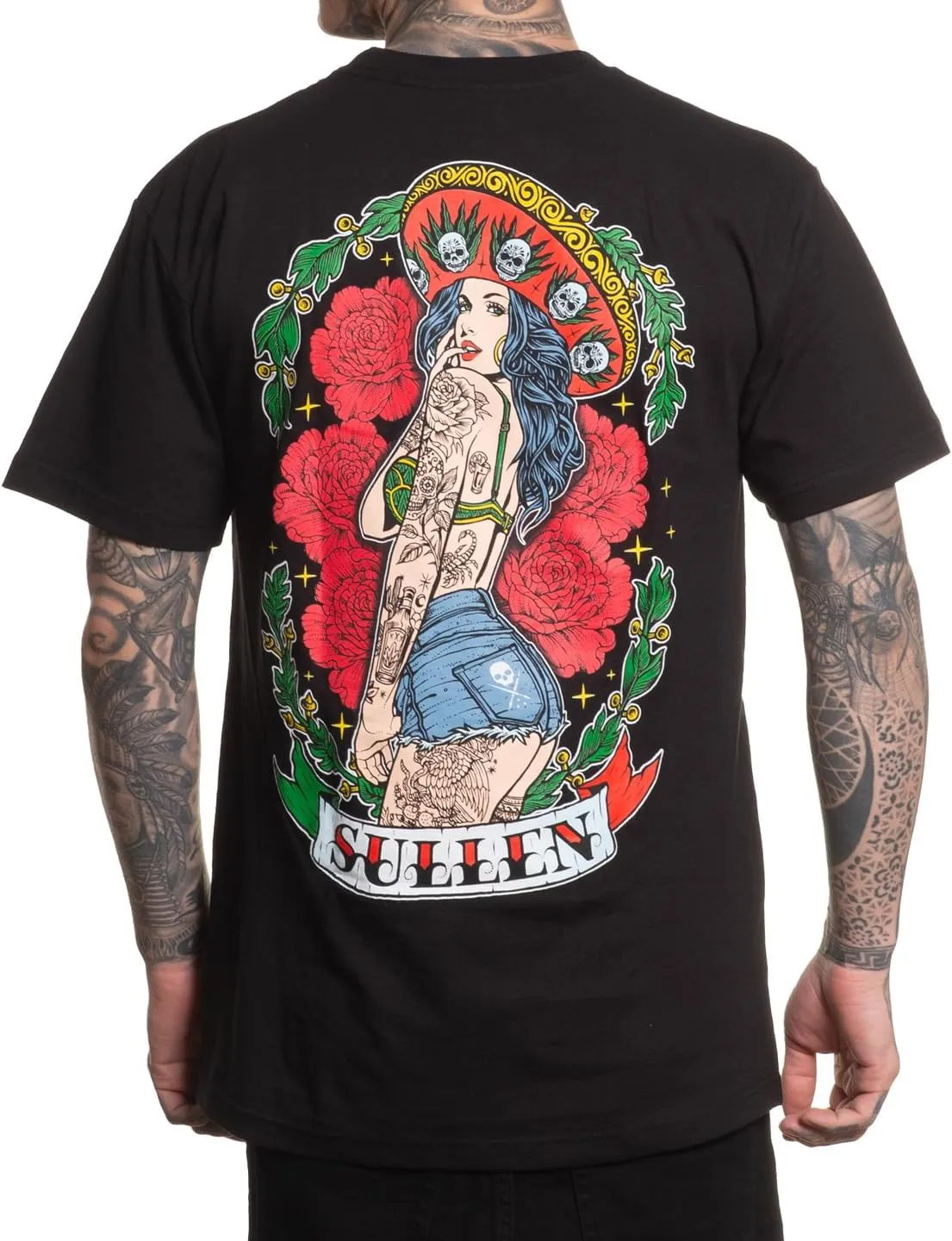 Sullen Men's Sombrero Chica Cinco De Mayo Capsule Tattoo Lifestyle Graphic Standard Short Sleeve Tee Black