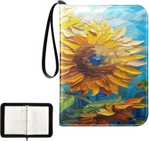 Sunflower Painting Collectible Trading Card Albums, Waterproof PU Card Collection Binder Fits 400 Cards with Removable Sleeves for Baseball Card, Football Card