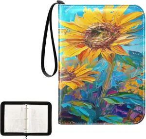 Sunflower Painting Collectible Trading Card Albums, Waterproof PU Card Collection Binder Fits 400 Cards with Removable Sleeves for Baseball Card, Football Card
