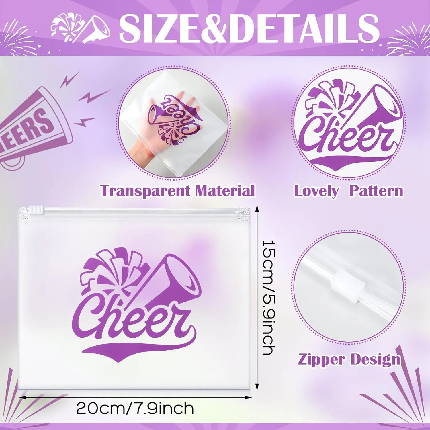 Sunnyray 60 Pcs Cheer Gifts Bulk Cosmetic Makeup Bags for Cheerleader Sport Team Inspirational EVA Bag Women Makeup Toiletry Bags Pouch with Zipper(Purple)