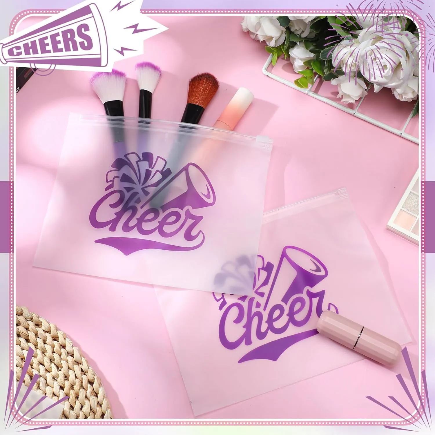 Sunnyray 60 Pcs Cheer Gifts Bulk Cosmetic Makeup Bags for Cheerleader Sport Team Inspirational EVA Bag Women Makeup Toiletry Bags Pouch with Zipper(Purple)
