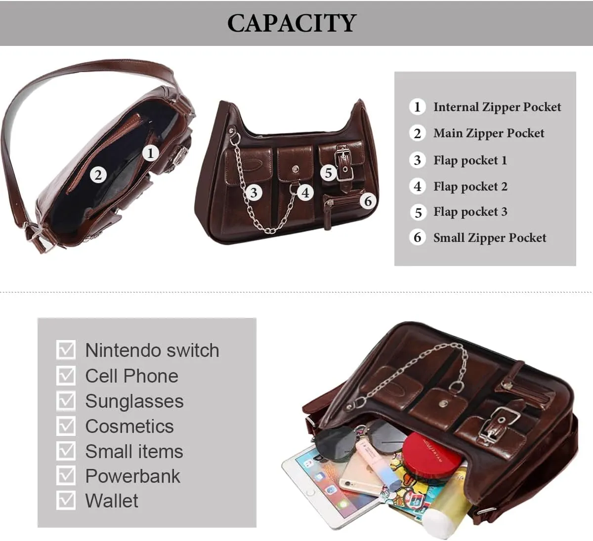 Sunwel Fashion Y2k Black Purse Goth Multi-Pockets Shoulder Bag Aesthetic Grunge Bag for Women