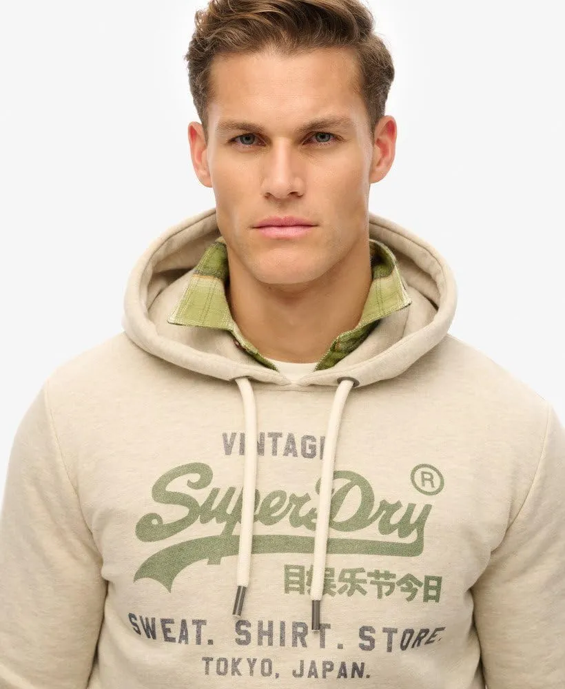 Superdry Men's Vintage Logo Heritage Relaxed Pullover Hoodie, Pelican Beige Marl