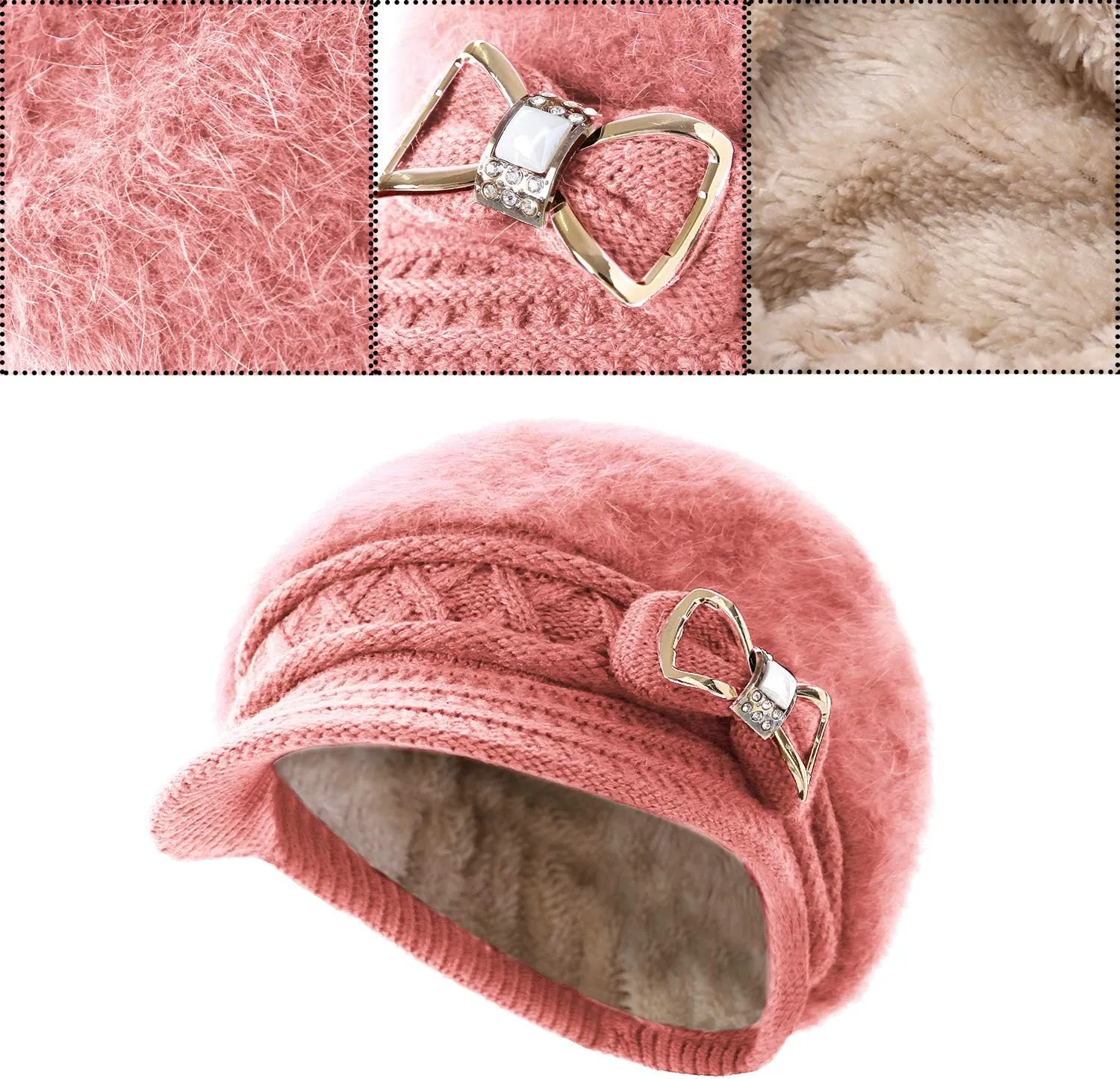Surblue Lady Knit Newsboy Cap Beret Hats s Crystal Bow Angora Plush Winter Beanie Crochet