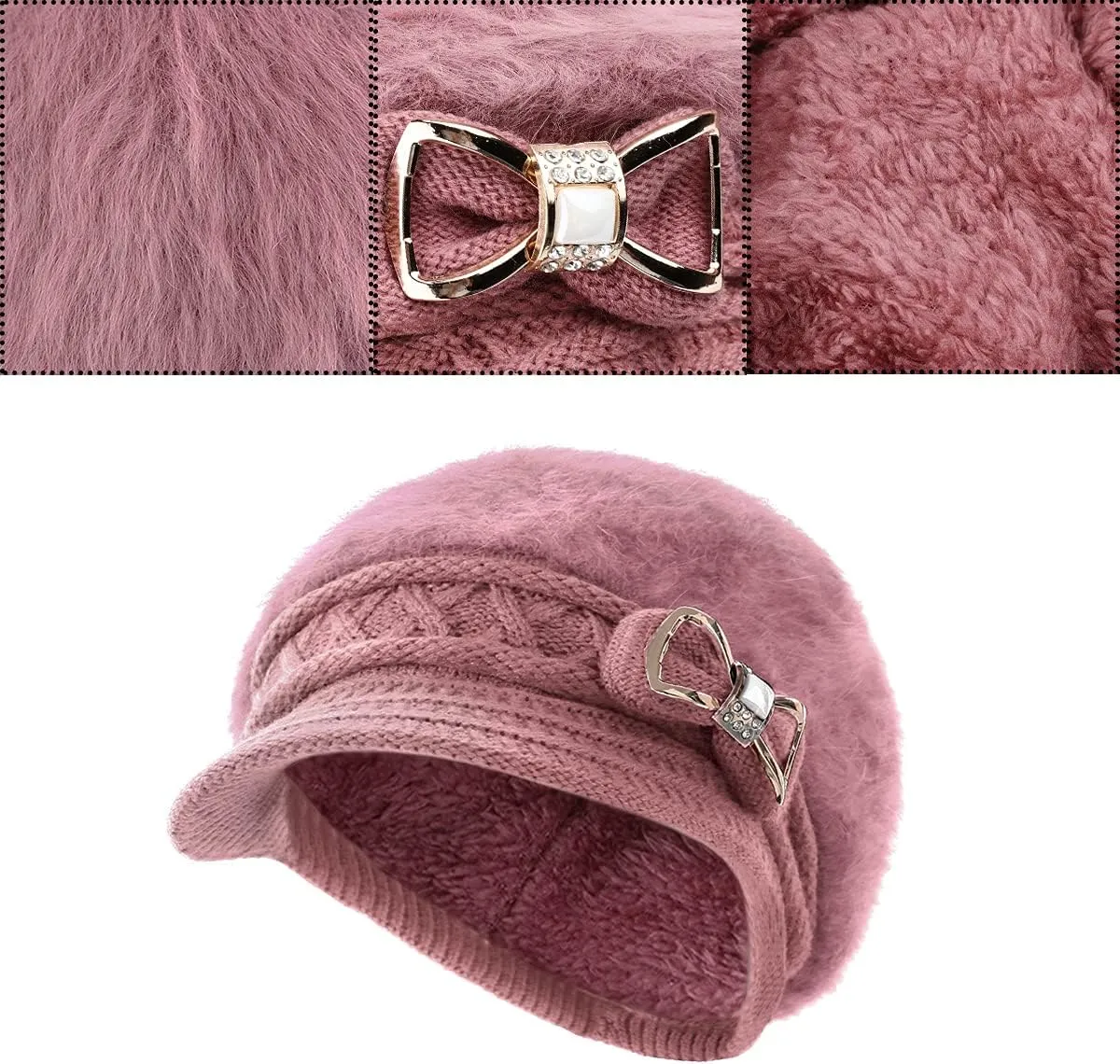 Surblue Lady Knit Newsboy Cap Beret Hats s Crystal Bow Angora Plush Winter Beanie Crochet