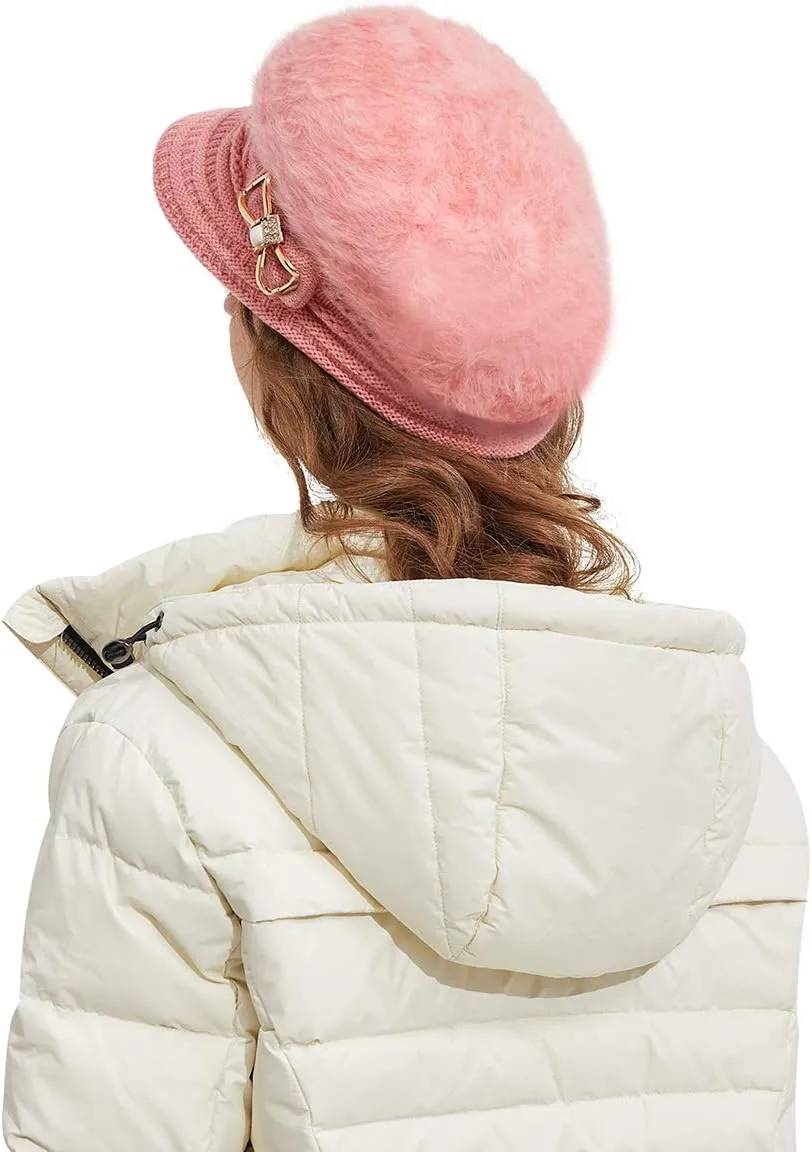 Surblue Lady Knit Newsboy Cap Beret Hats s Crystal Bow Angora Plush Winter Beanie Crochet