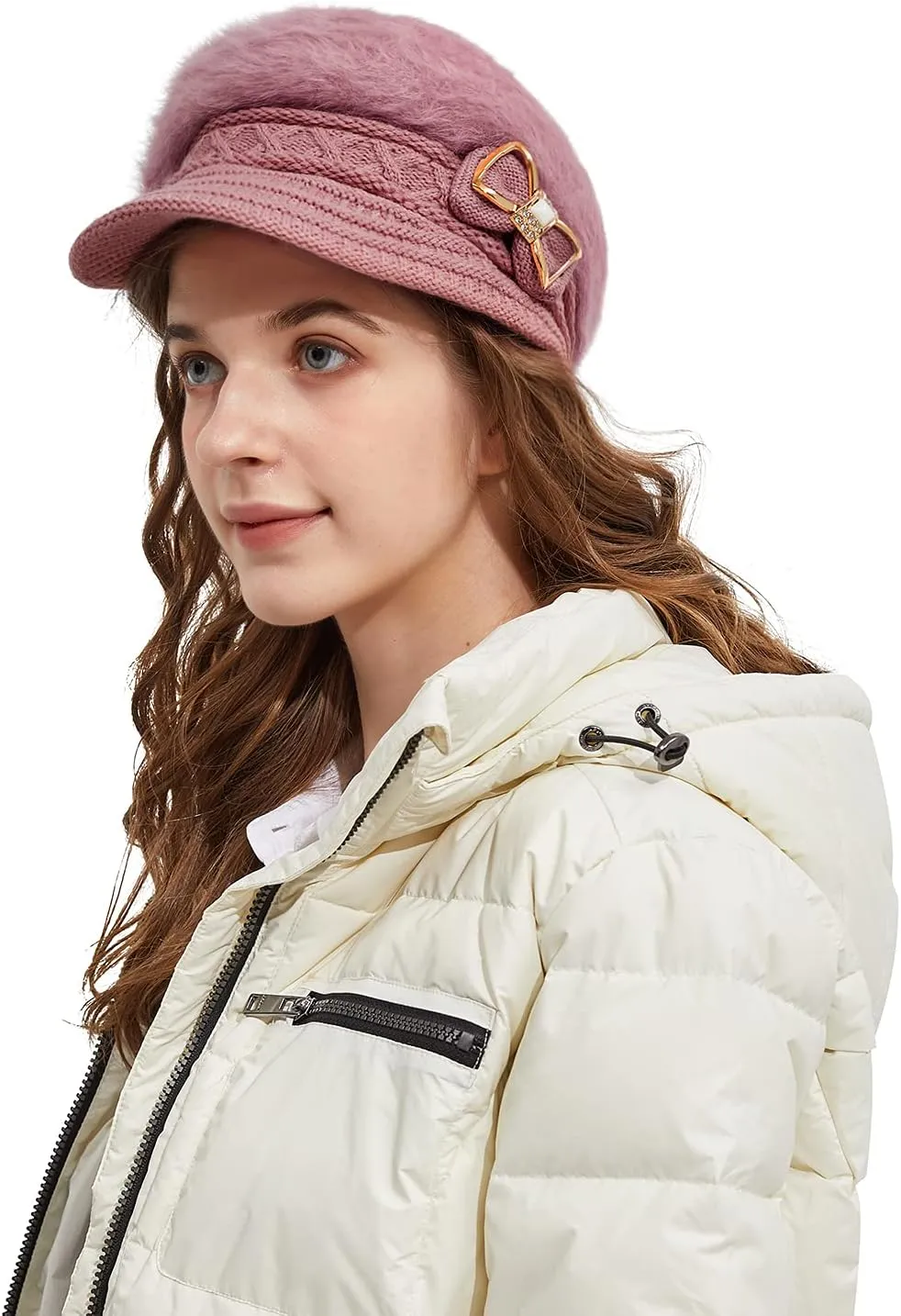 Surblue Lady Knit Newsboy Cap Beret Hats s Crystal Bow Angora Plush Winter Beanie Crochet