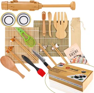 Sushi Making Kit, 21-Piece Sushi Roller Kit for Beginners & Pros with Knife, 2 Bamboo Rolling Mats, Bazooka and Dipping Plate, Chopsticks – Premium Japanese Gift Box