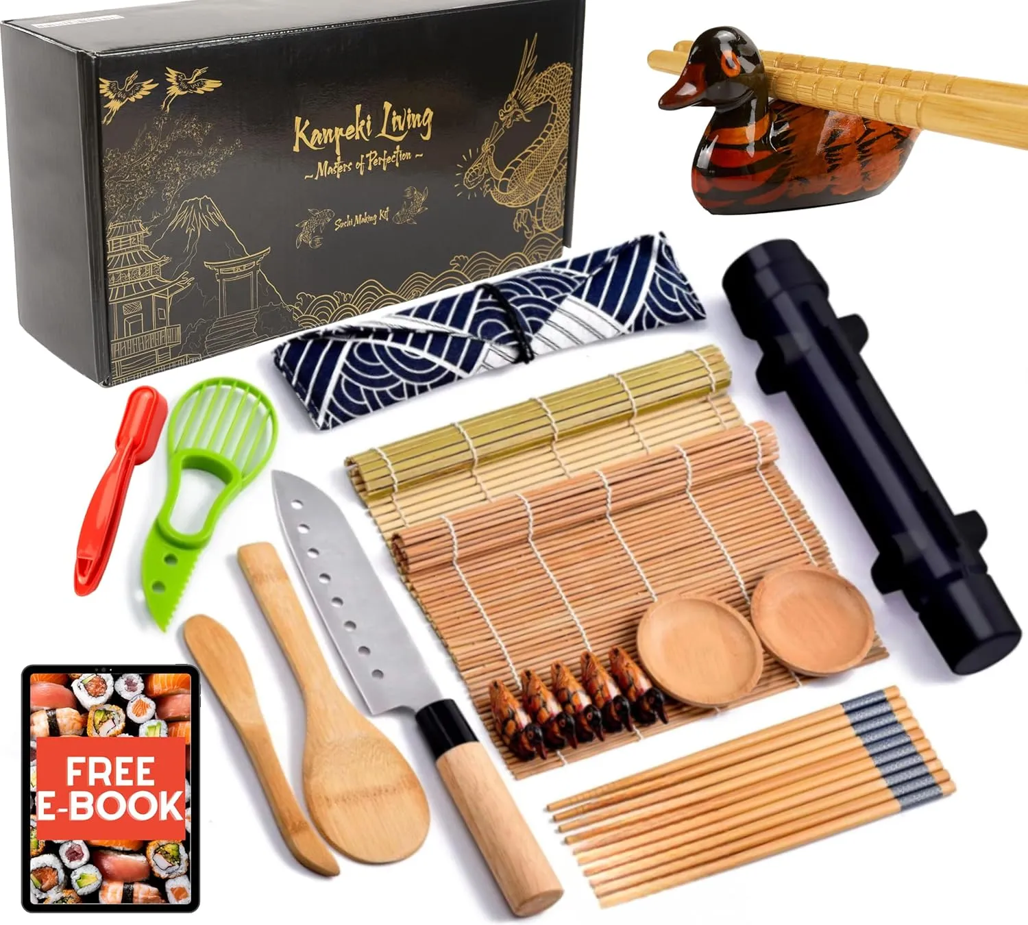 Sushi Making Kit, 22 Piece - Bamboo Mats, Bazooka, Knife, Rice Spreader, Sauce Dishes, Chopsticks - Premium Gifts Set for Beginners & Pros