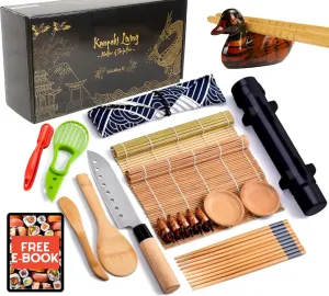 Sushi Making Kit, 22 Piece - Bamboo Mats, Bazooka, Knife, Rice Spreader, Sauce Dishes, Chopsticks - Premium Gifts Set for Beginners & Pros