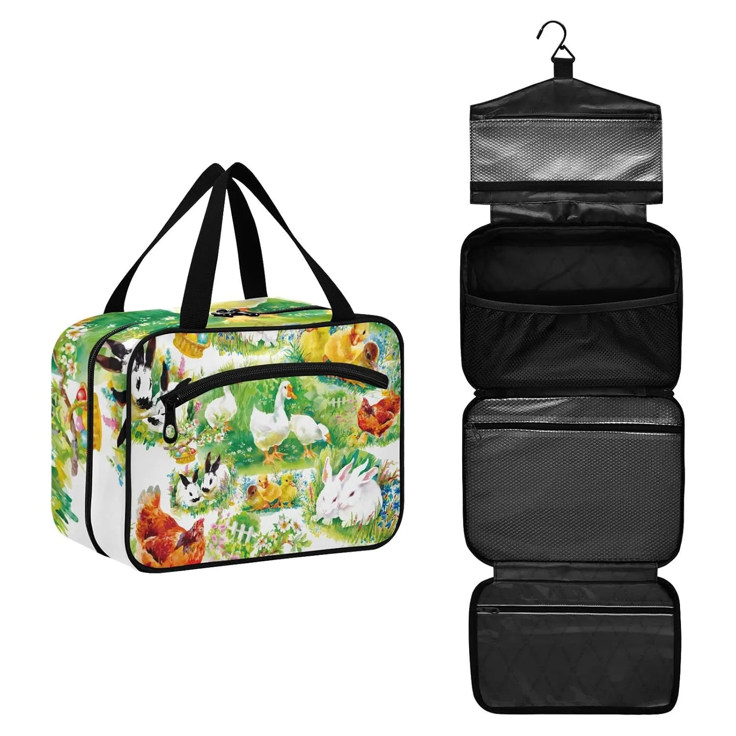 susiyo Farm Ducklings Chickens Hares Toiletry Bags with Hanging Hook Foldable Cosmetic Bag Travel Accessories- Large