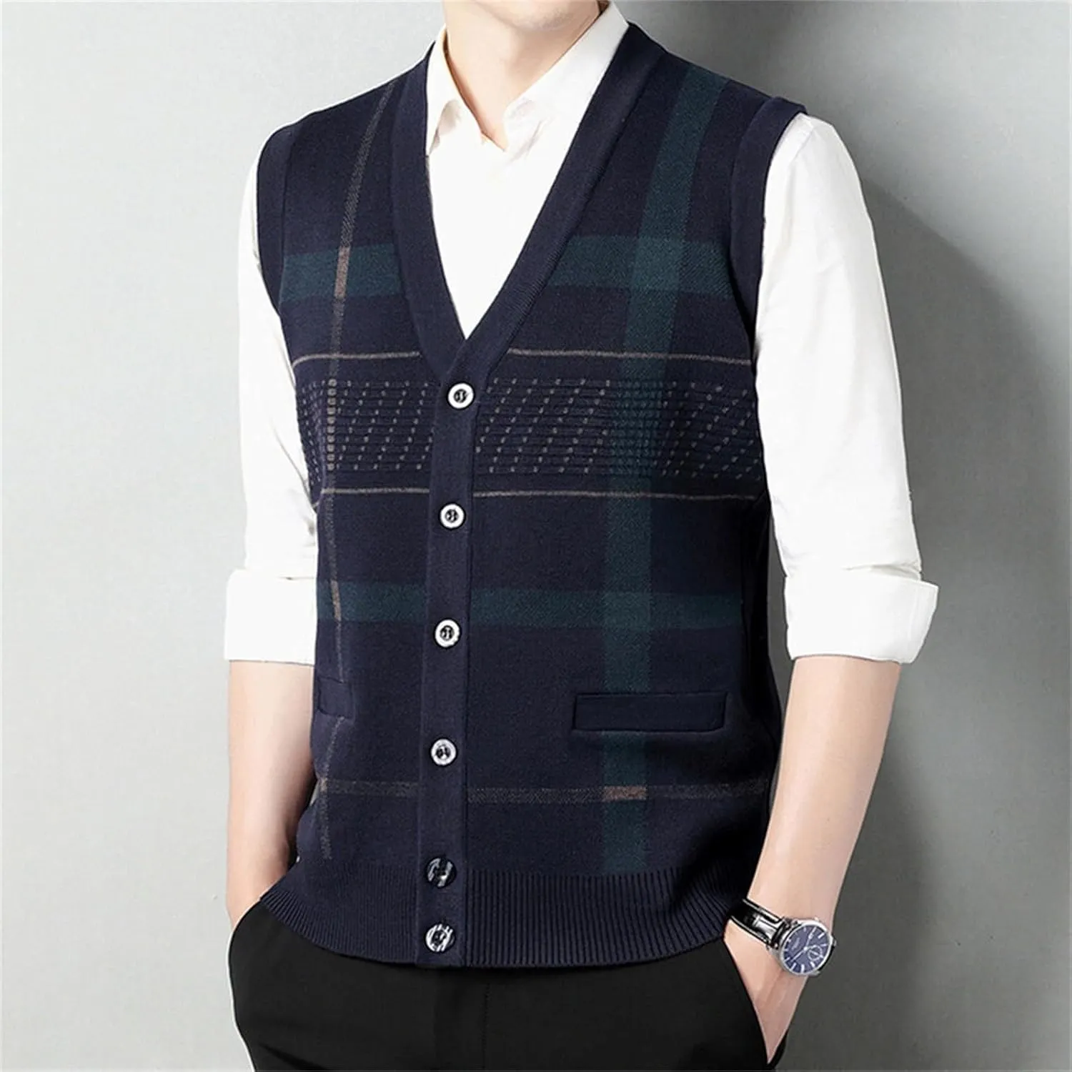 Sweater Vest for Men Sleeveless V Neck Button Down Knitwear Casual Slim Fit Striped Pullover Knit Sweater Fall Vests