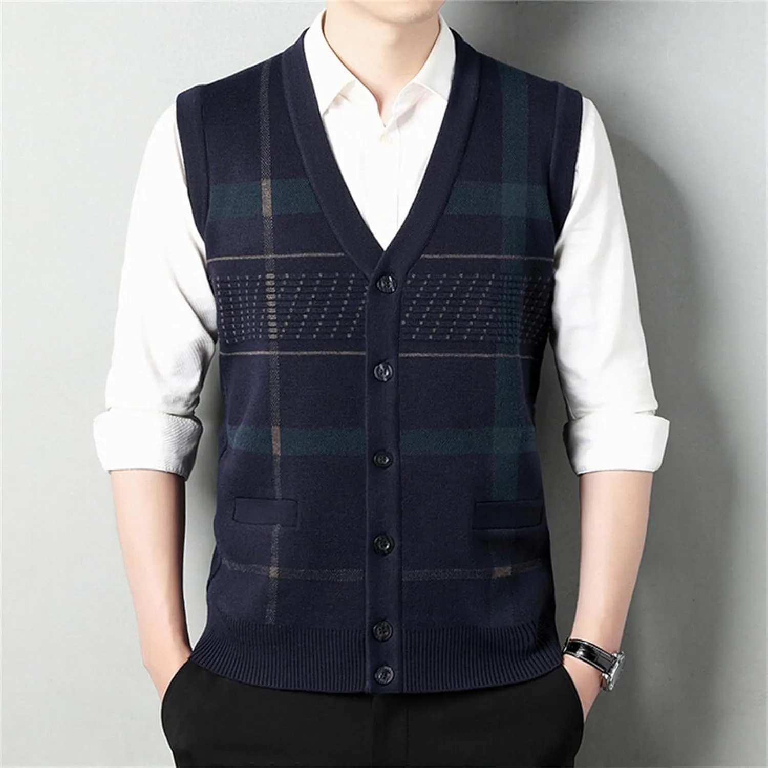 Sweater Vest for Men Sleeveless V Neck Button Down Knitwear Casual Slim Fit Striped Pullover Knit Sweater Fall Vests