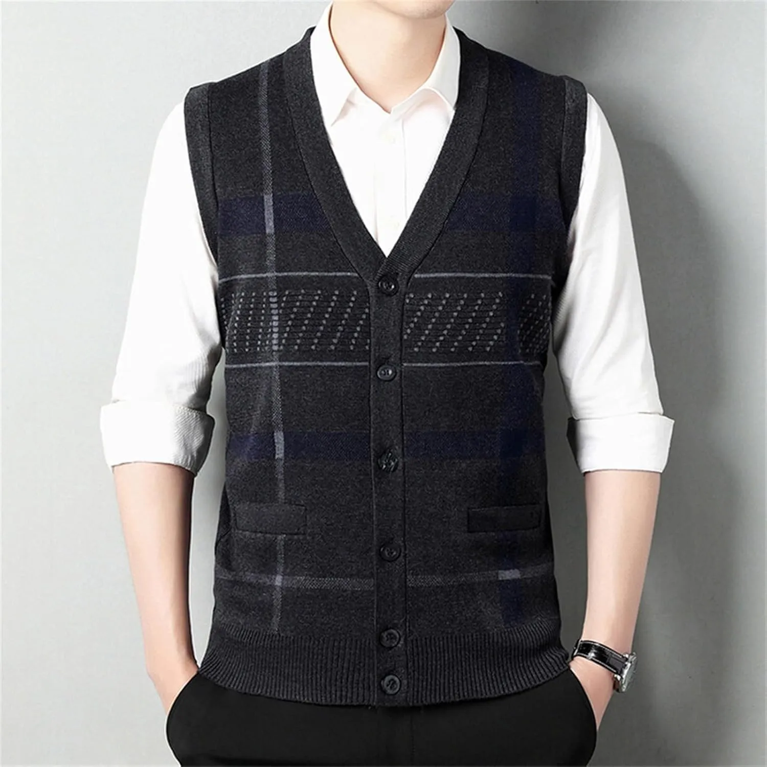 Sweater Vest for Men Sleeveless V Neck Button Down Knitwear Casual Slim Fit Striped Pullover Knit Sweater Fall Vests