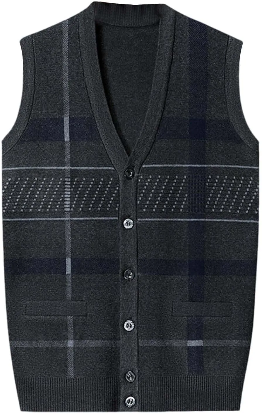 Sweater Vest for Men Sleeveless V Neck Button Down Knitwear Casual Slim Fit Striped Pullover Knit Sweater Fall Vests