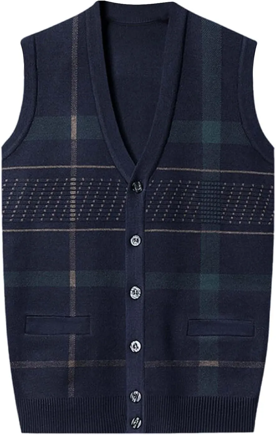 Sweater Vest for Men Sleeveless V Neck Button Down Knitwear Casual Slim Fit Striped Pullover Knit Sweater Fall Vests