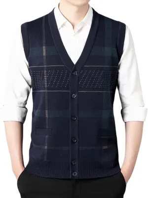 Sweater Vest for Men Sleeveless V Neck Button Down Knitwear Casual Slim Fit Striped Pullover Knit Sweater Fall Vests