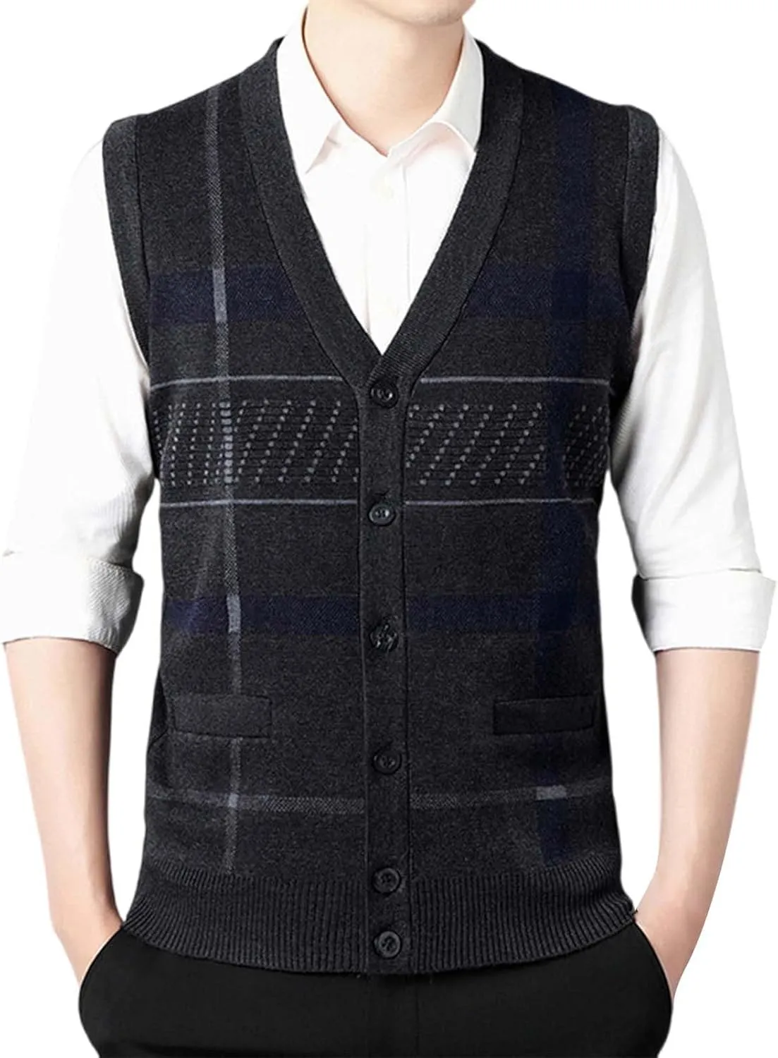 Sweater Vest for Men Sleeveless V Neck Button Down Knitwear Casual Slim Fit Striped Pullover Knit Sweater Fall Vests