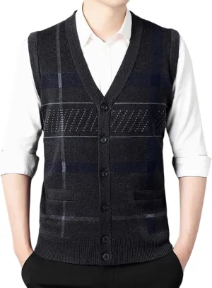 Sweater Vest for Men Sleeveless V Neck Button Down Knitwear Casual Slim Fit Striped Pullover Knit Sweater Fall Vests