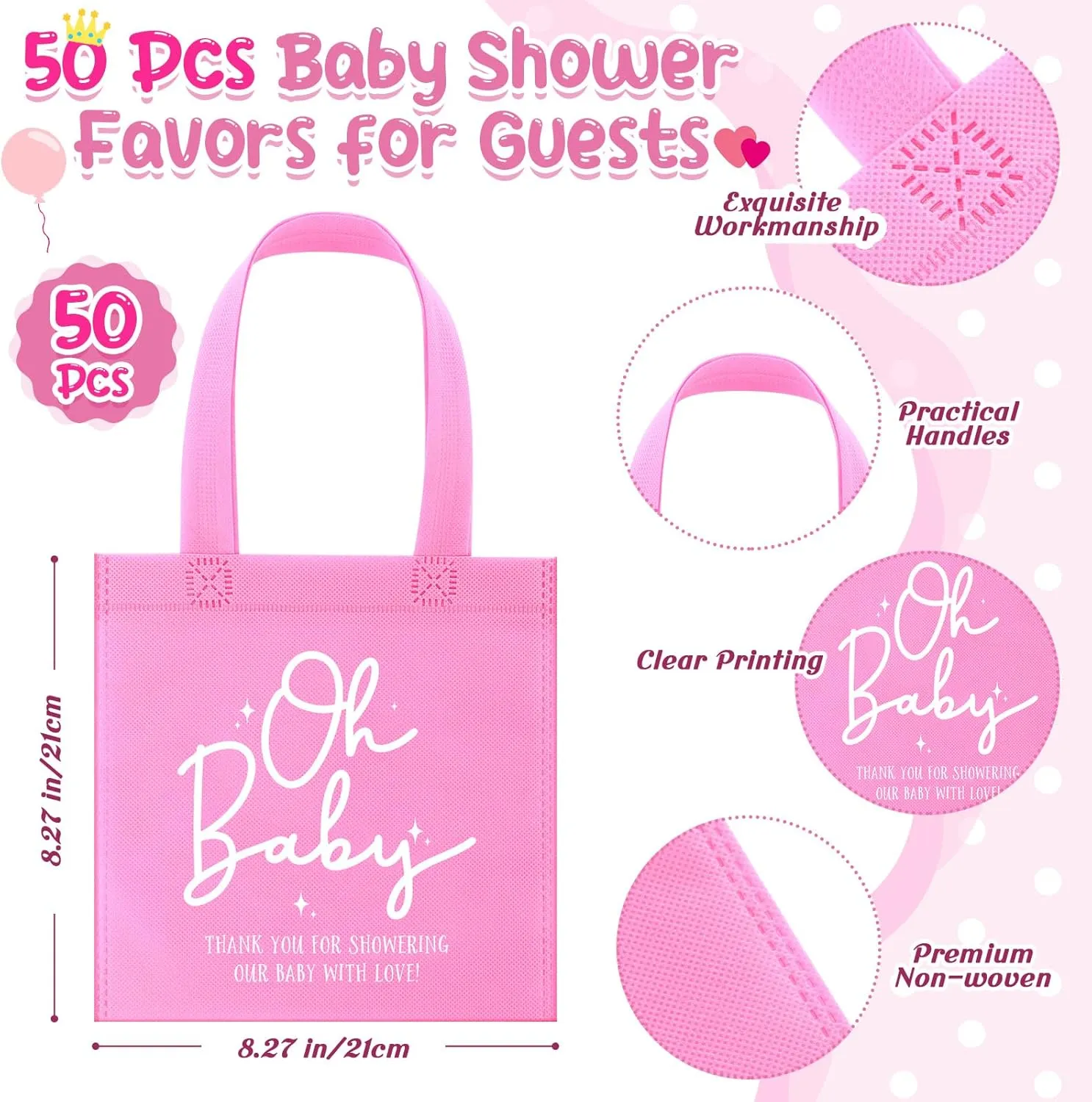 Sweetude 50 Pcs Baby Shower Non Woven Gift Bags Bulk Oh Baby Treat Tote Bags with Handles for Girl Boy Gender Reveal Party(Pink)