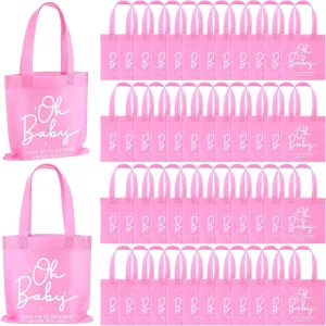Sweetude 50 Pcs Baby Shower Non Woven Gift Bags Bulk Oh Baby Treat Tote Bags with Handles for Girl Boy Gender Reveal Party(Pink)